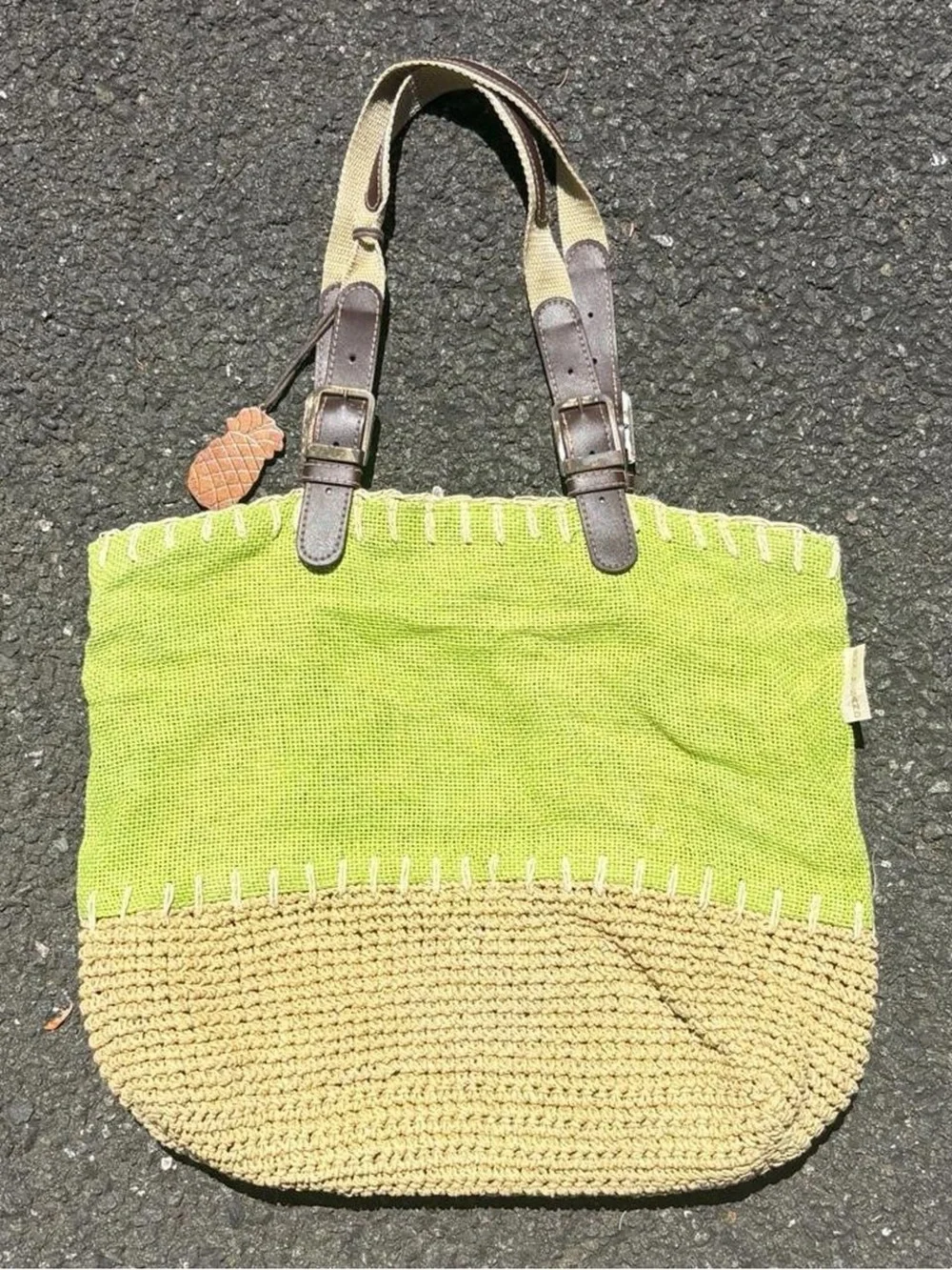 Sun N Sand green and tan straw raffia tote bag